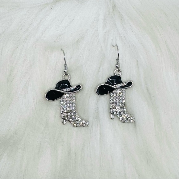 Howdy Rhinestone Boot Earrings- Black Hat - Picture 2 of 2